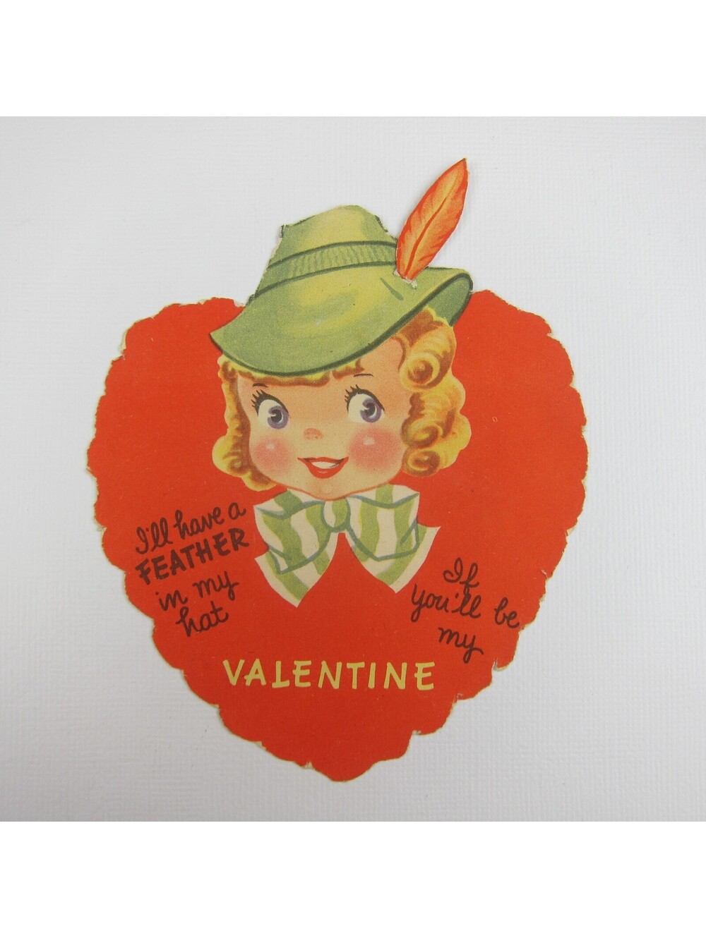 Vintage Valentine Die cut Blonde Girl Green Peter Pan Hat Feather Red Heart